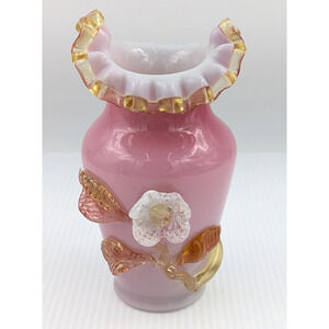 Victorian Stevens & Williams Cased Art Glass Vase Floral Applied Flower Ruffled